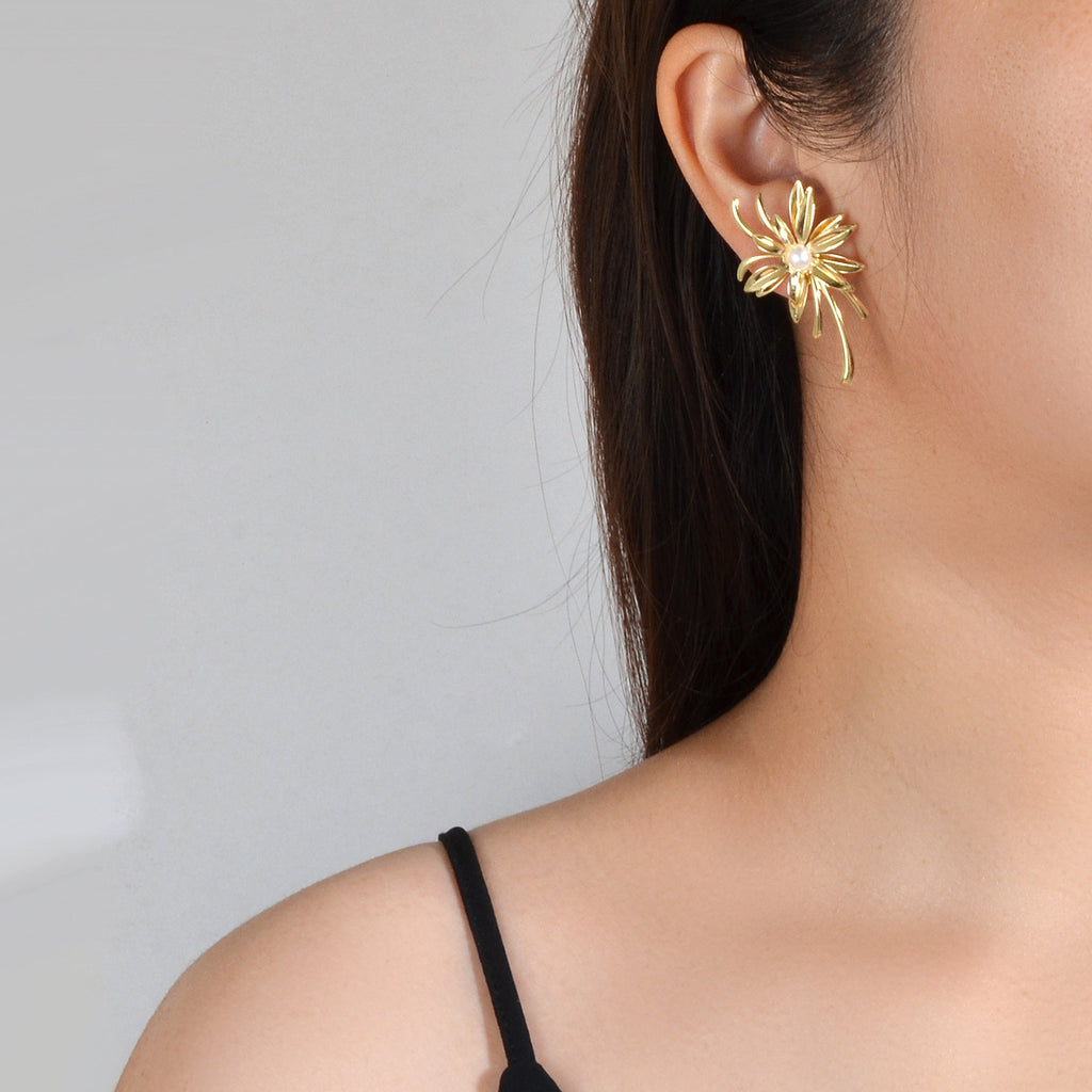 Bijoux Jewellery Pearl Decoration Gold Flower Stud Exaggerated Pierced Earrings