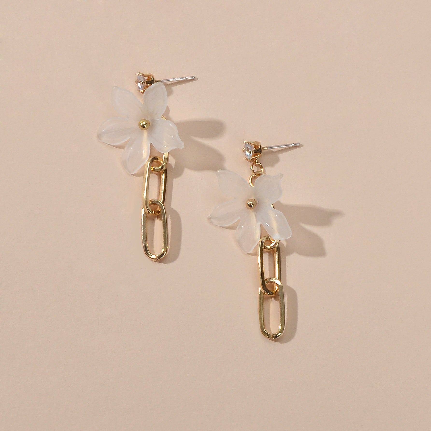 Designer Jewellery Gold Paperclip Chain Transparent Resin Flower Dangle Earrings