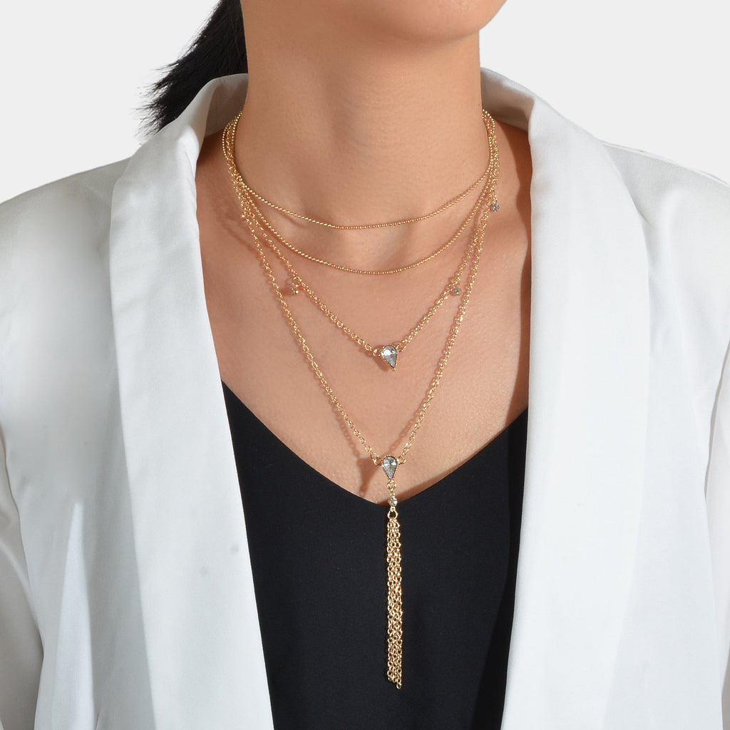 Statement Jewellery Rhinestone Multi-layer Gold Chain Tassel Pendant Necklace