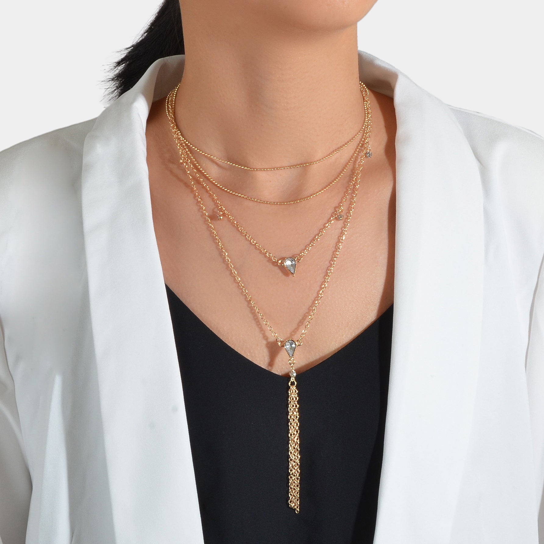 Statement Jewellery Rhinestone Multi-layer Gold Chain Tassel Pendant Necklace