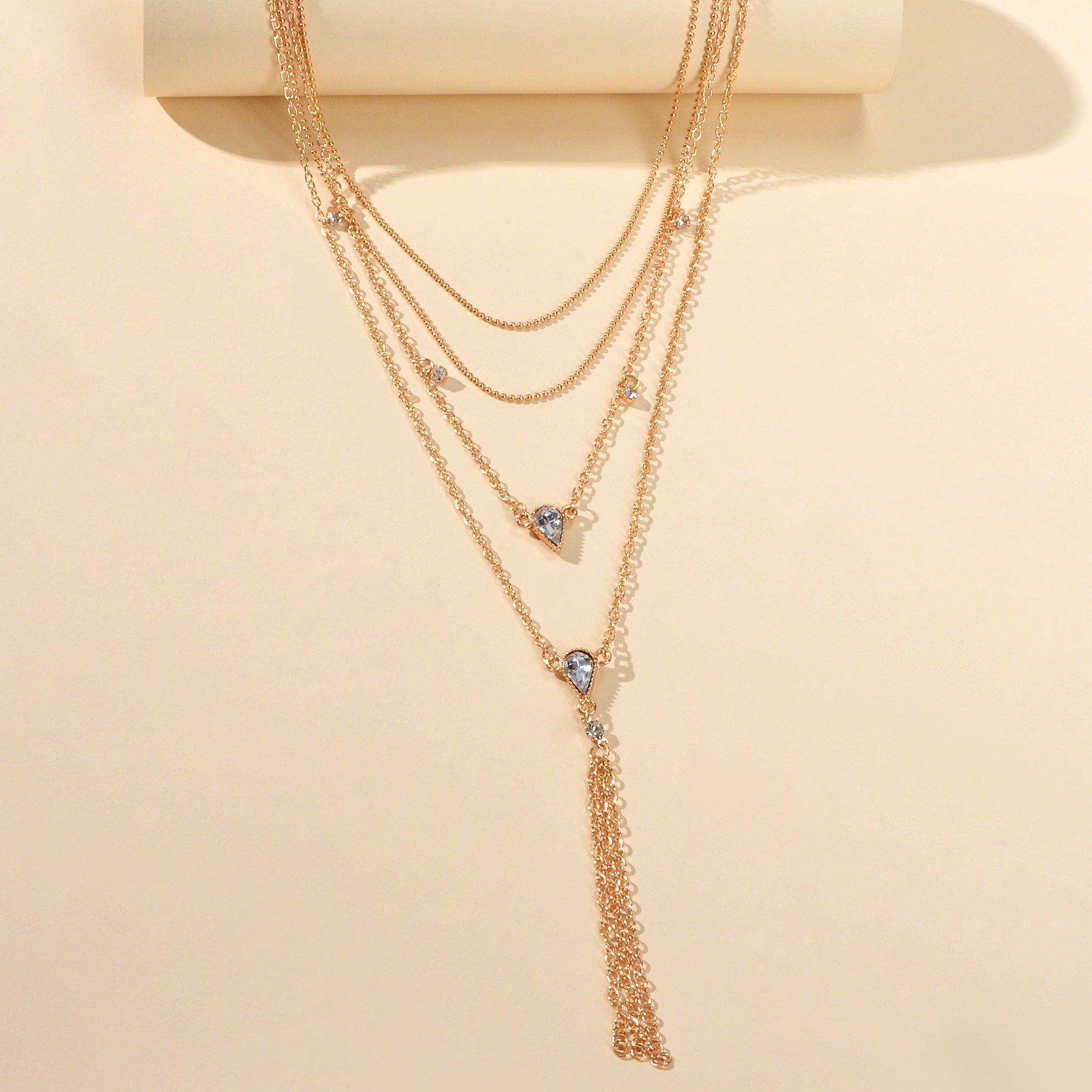 Statement Jewellery Rhinestone Multi-layer Gold Chain Tassel Pendant Necklace