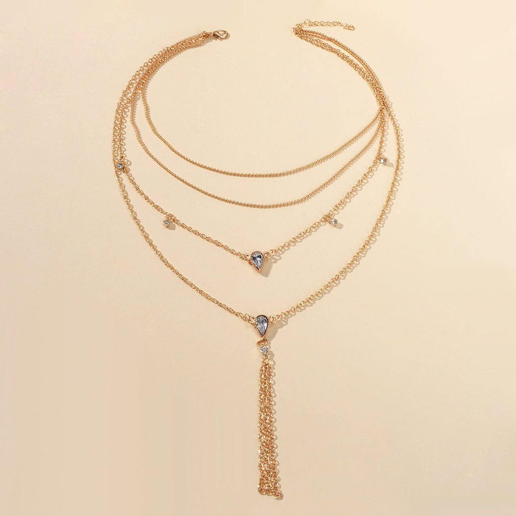 Statement Jewellery Rhinestone Multi-layer Gold Chain Tassel Pendant Necklace