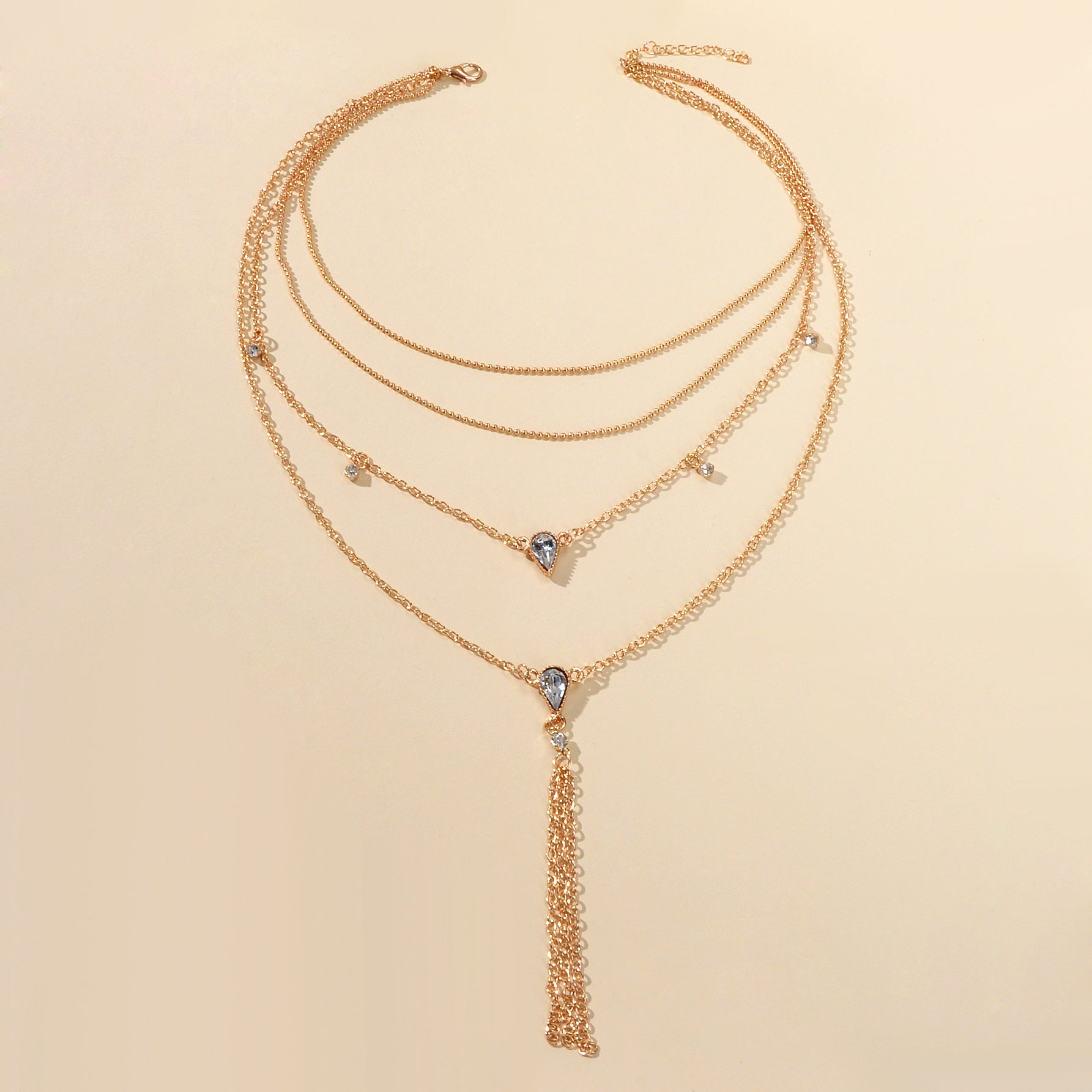 Statement Jewellery Rhinestone Multi-layer Gold Chain Tassel Pendant Necklace