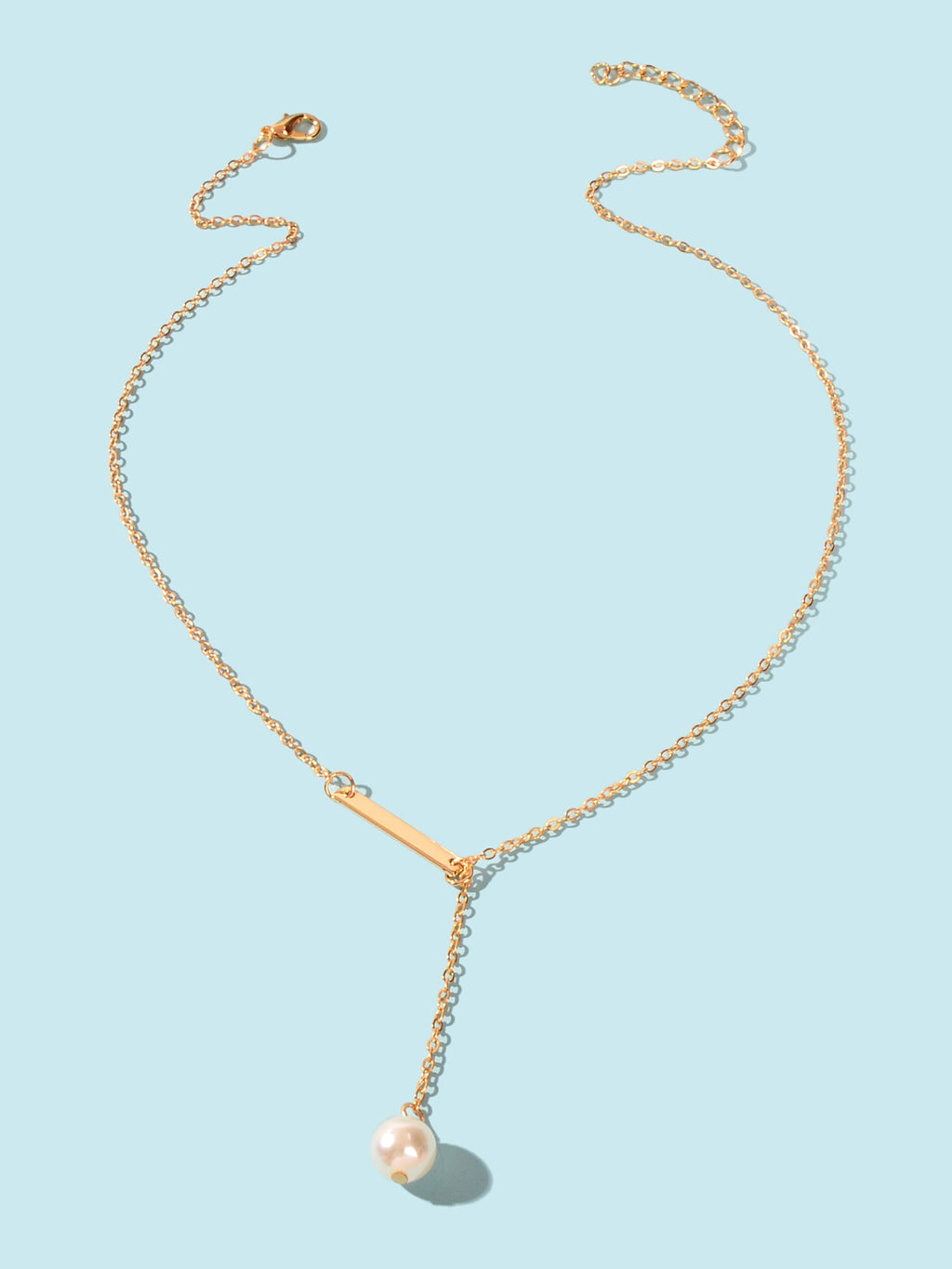 Designer Jewelry Gold Chain Geometric Bar Lariat Y-Shaped Pearl Pendant Necklace