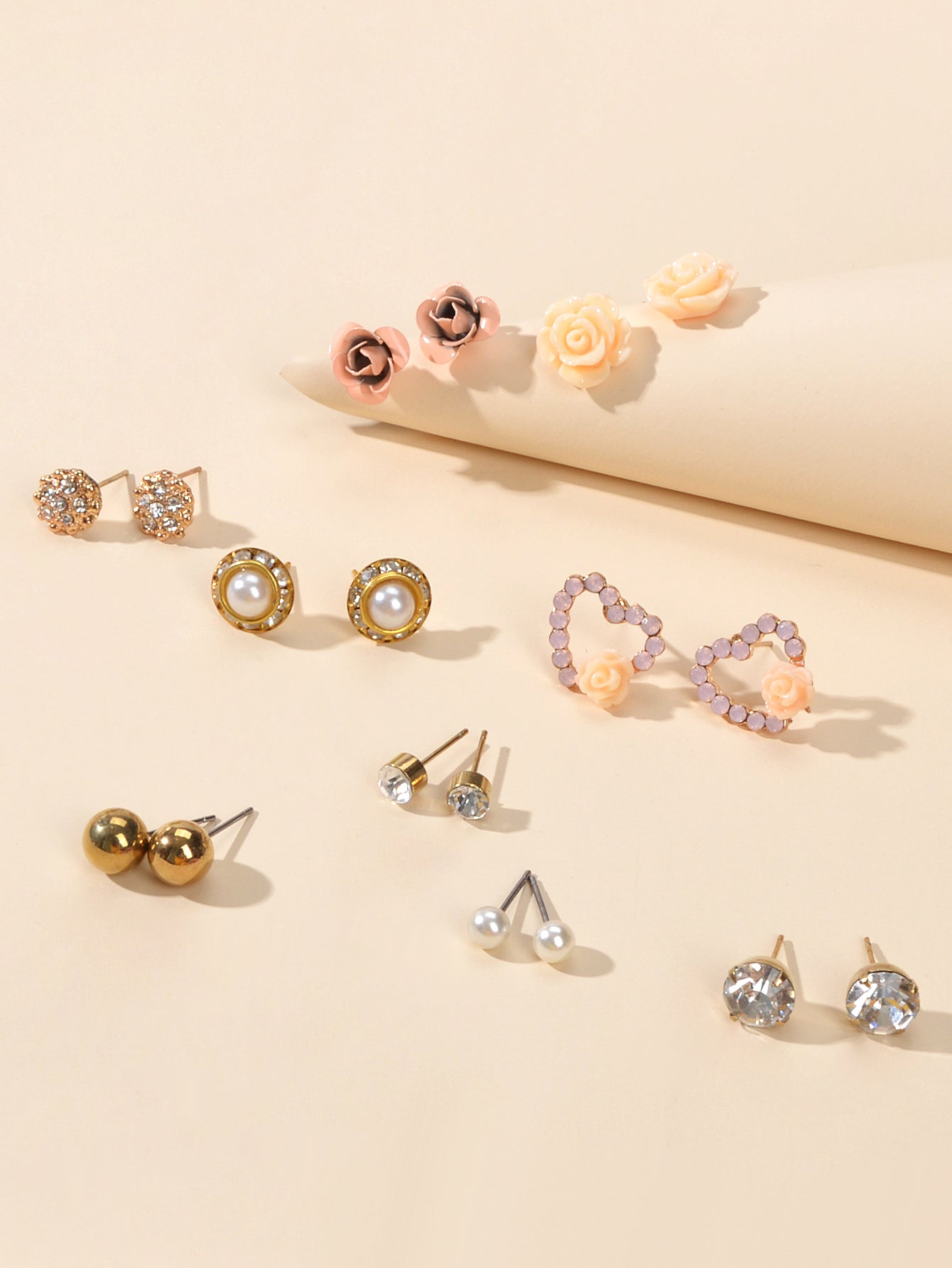 9 pairs Elegant Pearl Rhinestone Round Flower Mini Stud Piercing Earrings set