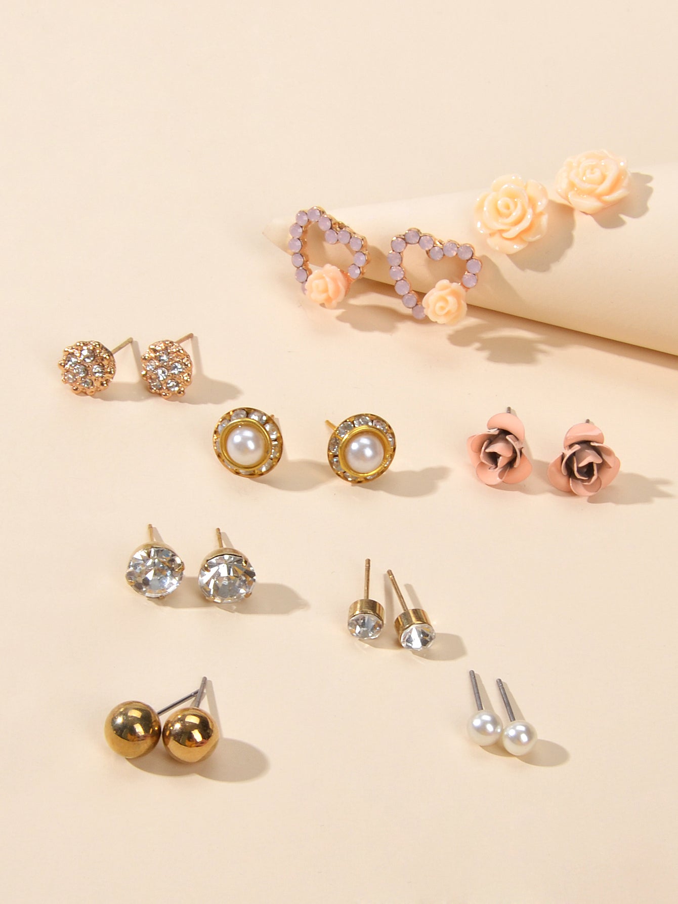 9 pairs Elegant Pearl Rhinestone Round Flower Mini Stud Piercing Earrings set