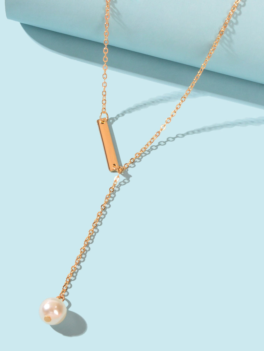 Designer Jewelry Gold Chain Geometric Bar Lariat Y-Shaped Pearl Pendant Necklace