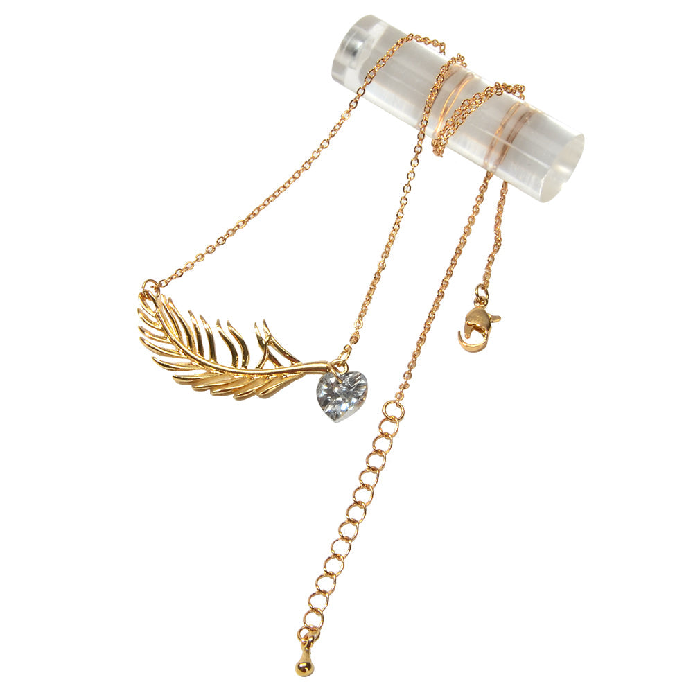 Designer Jewellery Gold Chain Heart Simulated Cubic Zirconia Feather Necklace