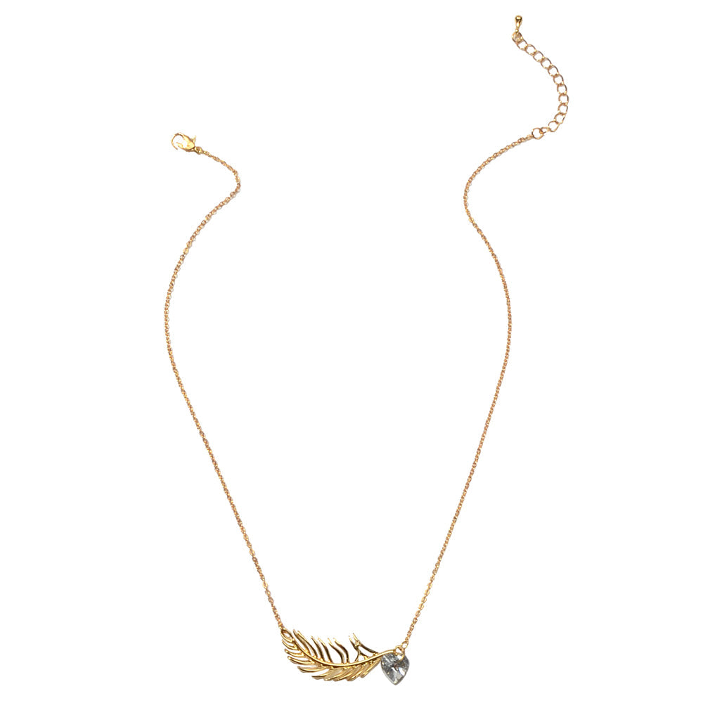 Designer Jewellery Gold Chain Heart Simulated Cubic Zirconia Feather Necklace