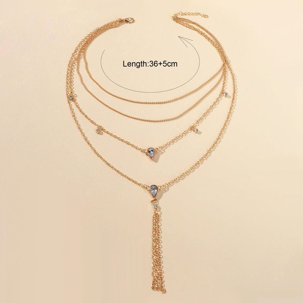 Statement Jewellery Rhinestone Multi-layer Gold Chain Tassel Pendant Necklace